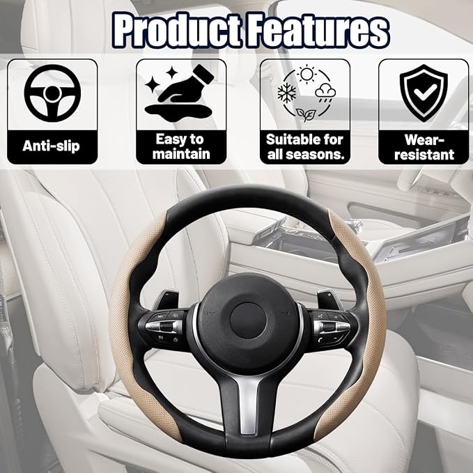 2PCS Car Steering Wheel Cover, 14.5-15" Breathable Nappa Leather Segmented Steering Wheel Protector with Non-Slip Grip, Stylish Auto Interior Decor Accessories, Universal for Vehicles (Beige)