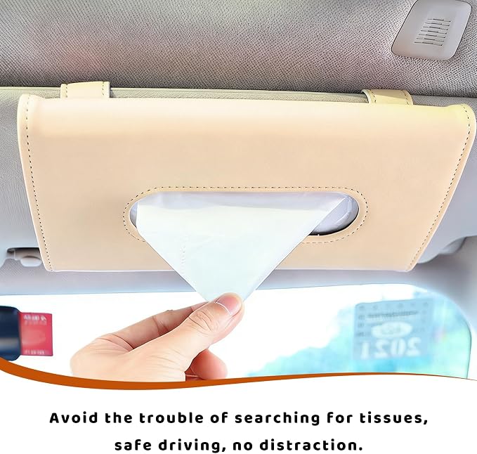 Car Visor Tissue Holder, Premium Leather Sun Visor Napkin Organizer with Tissue Refill, Universal Backseat Napkin Case Sunvisor Mask Holder for Cars SUVs Trucks RVs (Beige)