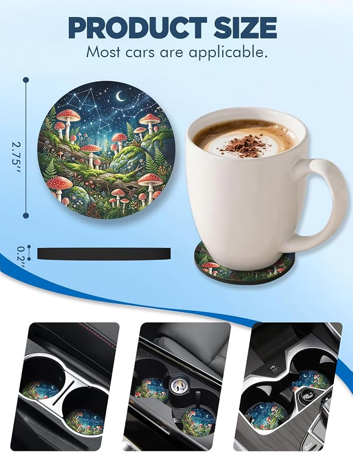 WOCOCN Car Coasters for Cup Holders - 2 Pack 2.75" Universal Rubber Car Cup Coaster, Non-Slip Waterproof Car Interior Accessories, Cute Car Decor Gifts for Women and Men (Mushroom)