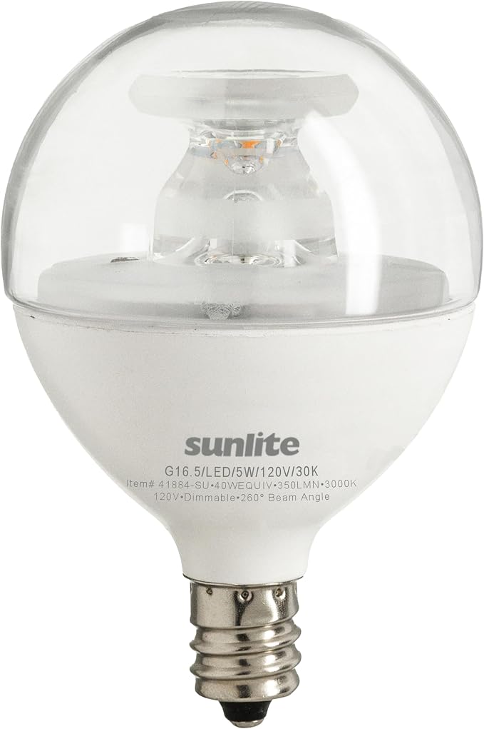 Sunlite G16.5 Light Bulb LED, 5 Watts (40W Equiv.), 350 Lumens, Dimmable, Type G Globe Shape E12 Candelabra Base, Short Bulbs, Vanity Mirror Bulbs, 3000K Warm White, Clear, 6 Count