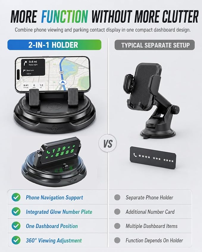 Car Phone Holder 360 Degree Rotation Navigation Mount Splendid Dashboard Windshield Accessories for Women Rotating Soporte De Telefono para Carro Grip Anti-Slip Grips(Glow Number Edition)