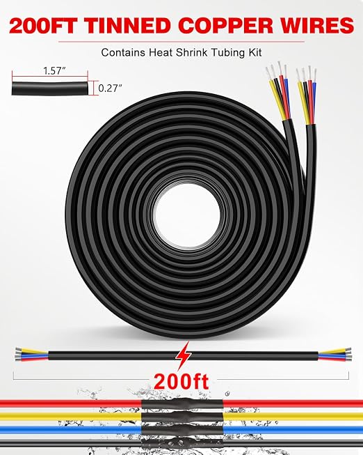 NAOEVO 18 Gauge Wire 4 Conductor Electrical Wire, 18 AWG Stranded PVC Cord, 12V Low Voltage/Tinned Copper/Flexible Cable for Automotive Wiring, Lamp Cord, Marine Cable (200FT)