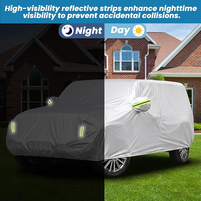 210D Oxford Car Cover Compatible with Jeep Wrangler 4 Door, Waterproof Outdoor Full Exterior SUV Protector, UV Rain Snow Dust, Windproof Straps, Reflective Strips, Silver, 197 x 79 x 75 in