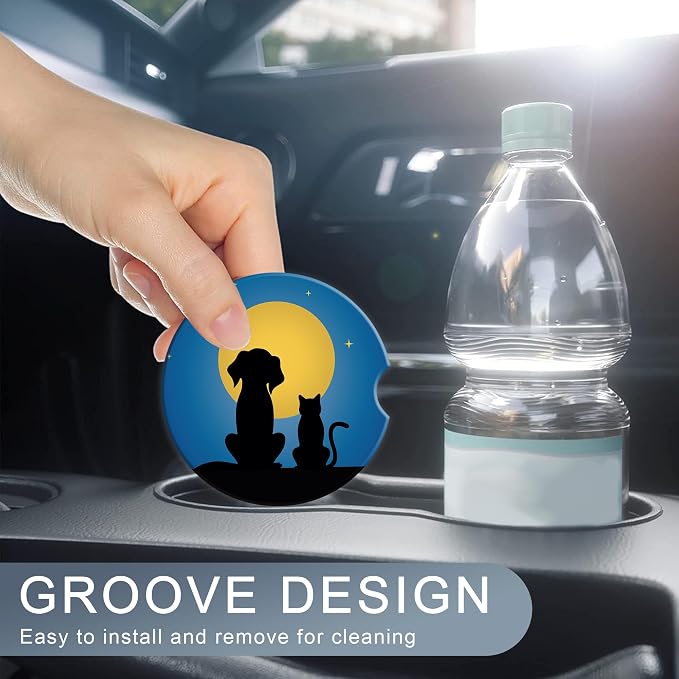 Dog Cat Car Cup Holder Coaster,Moon Night Starry Sky Car Coasters for Cup Holder,2 PCS Absorbent Insert Ceramic Car Assecories with Cork Back & Finger Notch for Women Men