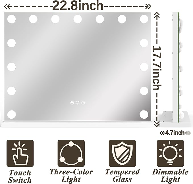 FENNIO Hollywood Vanity Mirror with Lights 23x18,Large Lighted Mirror Makeup Mirror with 15 Dimmable LED Bulbs, 3-Color Lighting