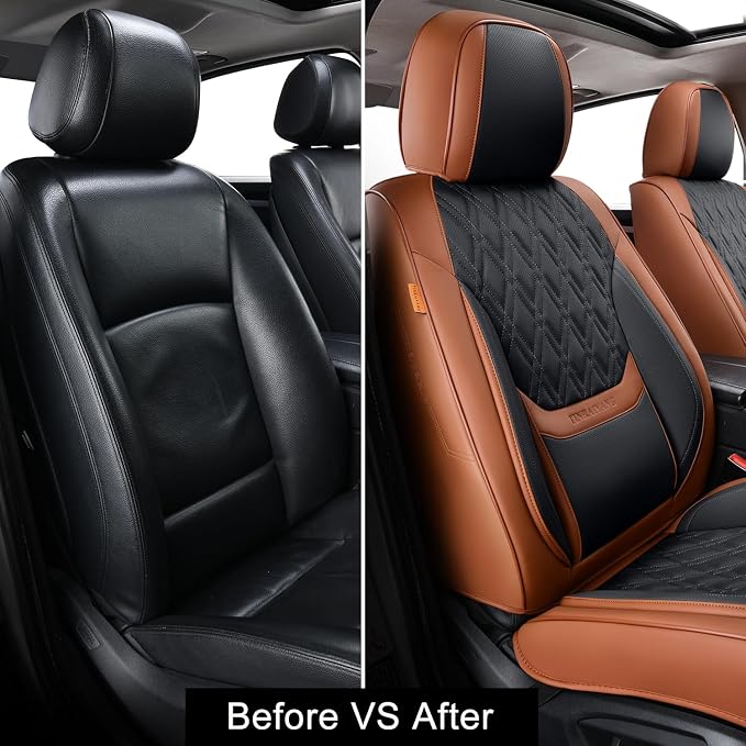 Car Seat Covers Full Set, Breathable Leather Automotive Front and Rear Seat Covers, Car Seat Protectors Full Set,Universal Automotive Vehicle Seat Cover for Most Sedan SUV Pick-up Trucks, Brown&Black