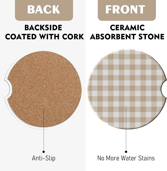 2 Pack Car Coasters for Cup Holders, Absorbent Ceramic Cup Coaster with Cork Base and Finger Notch, Cute Car Accessories Interior for Women Men (Grid-Brown White)