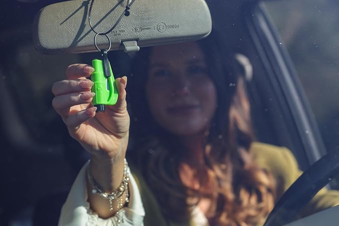 resqme The Original Emergency Keychain Car Escape Tool, 2-in-1 Seatbelt Cutter and Window Breaker, Made in USA, Rainbow Pack 10 Colors - Compact Emergency Hammer