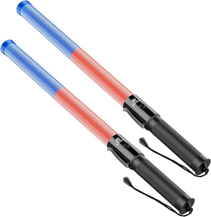 RoadHero 2 Pack 21 Inch Traffic Wand, Red and Blue | 3 Flashing Modes, Side Clip, Water-resistant IPX-4 rated, Lightweight, Using 2 C-Size Batteries (Not Included)