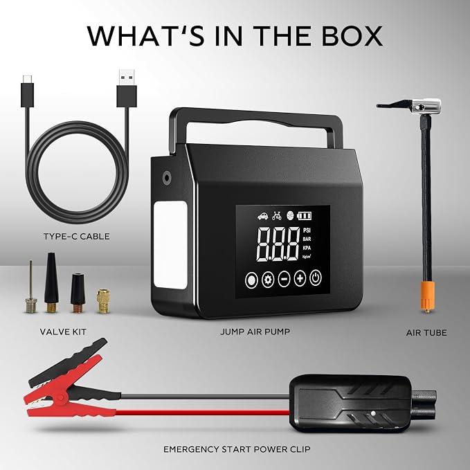 Hieha 4-in-1 Portable Jump Starter 4000A Peak 150PSI Digital Air Compressor | Digital Display, LED Flashlight, 12V, USB Charger, Cordless, Power Bank, Emergency Kit