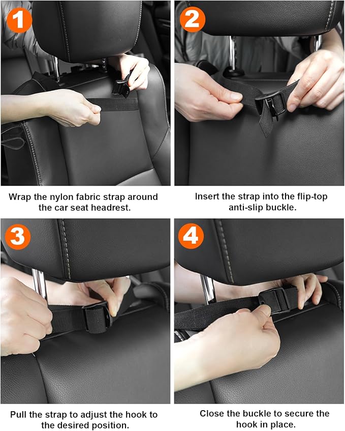 Adjustable Car Seat Headrest Hooks, Universal Fit for All Headrest Styles, Purse Hook with Phone Holder, Car Purse Hooks for Bags, Multifunctional Car Organizers and Storage