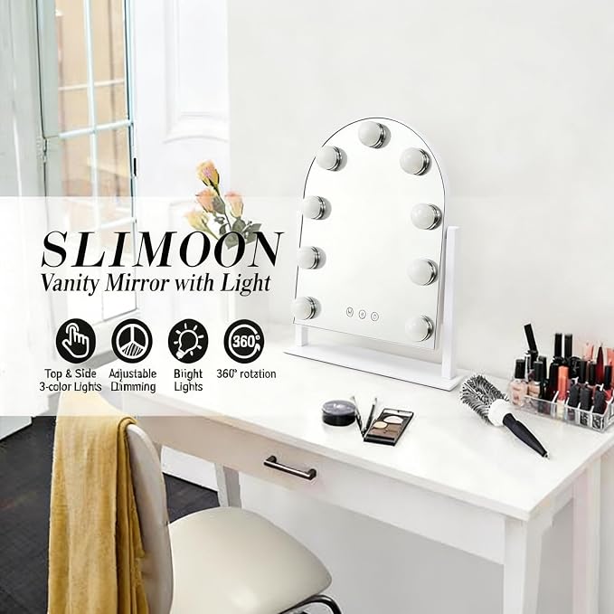 Arched Makeup Vanity Mirror with LED Lights Makeup Mirror Detachable 10X Magnification, Hollywood Make Up Mirror with Lighting, Smart Touch, Rechargeable,360° Rotation,White 14.17"x 11.81"