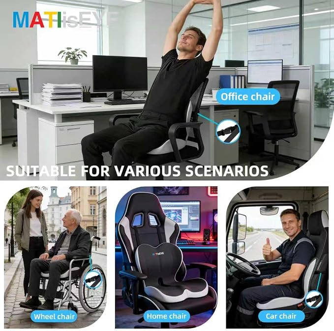 Ergonomic Memory Foam Seat Cushion with Strap for Office Chair, Double Grey | Contoured coccyx cutout supports back and butt, with a non-slip base and washable cover for office chairs and cars.