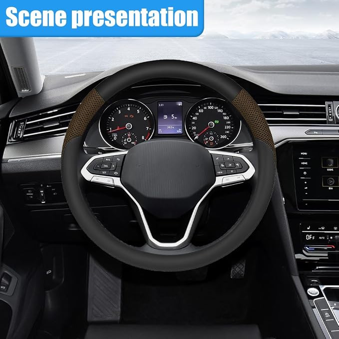 Car Steering Wheel Cover, 15" Breathable Microfiber Leather Ice Silk Mesh Wheel Wrap, Warm in Winter & Cool in Summer, Comfortable Anti-Slip Auto Interior Decorative Protector(Coffee)