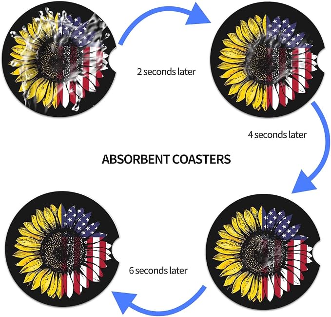 Sunflower & USA Flag 2.56" Car Coasters 2-Pack - Absorbent Ceramic Auto Coasters for Cup Holders, Keeps Your Car Clean & Dry