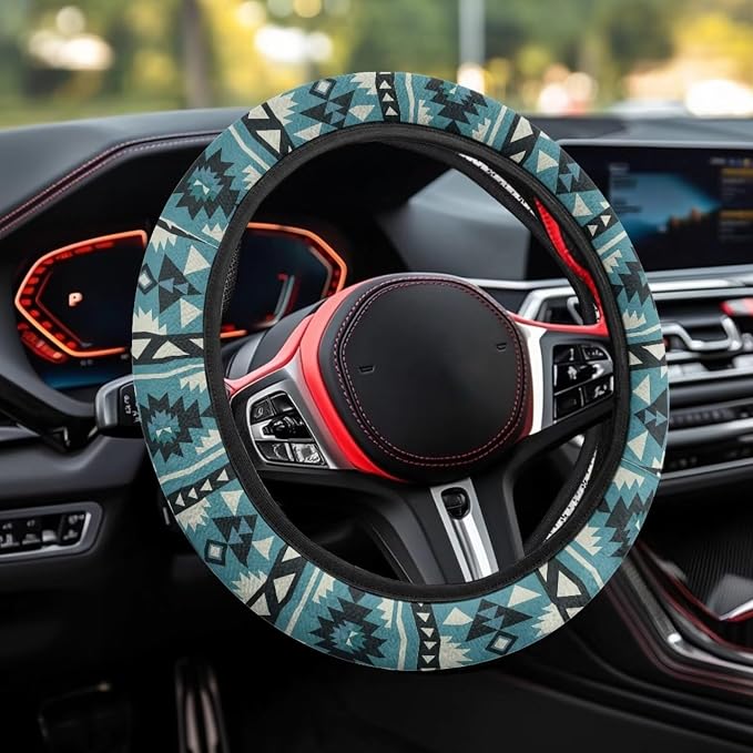 Wanyint Car Steering Wheel Cover, 15 Inch Soft Breathable Steering Wheel Protector for Women Men, Universal Fit for SUV Sedan Van Truck, Southwest Aztec Blue