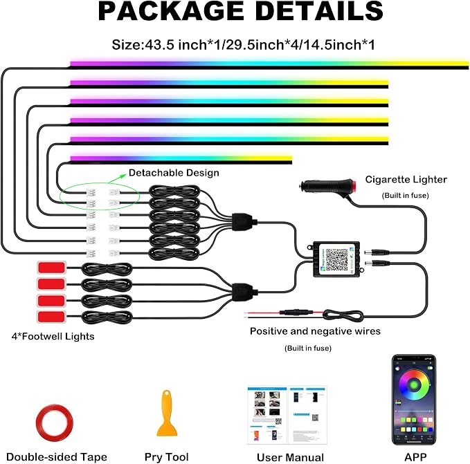 Interior Car LED Strip Lights with Wireless APP, Ambient Lighting Kits with Dynamic Dreamcolor Chasing, 16 Million Colors Acrylic LED Lights for Car, Sound Active Function Car Neon Lights (10 in 1)