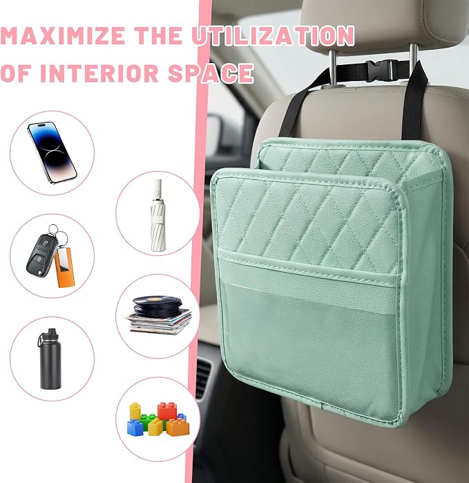 Car Seat Back Organizer, Waterproof Leather Auto Backseat Storage Pocket for Travel Essentials, Universal Multipurpose Backseat Hanging Storage Bag for Cars SUVs Trucks (Green)