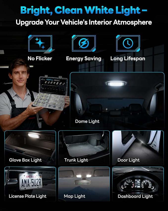 48Pcs Led Interior Car Lights Kit, 6500K White Interior Bulbs Replacement (194 T10 DE3175 W5W 168 578 2825 T5 31mm 36mm 41mm), Dome Map Dash Door Trunk License Plate Lights for Cars Trucks RVs