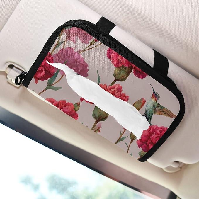 Red Carnation Hummingbird Car Tissue Holder Durable Napkin Holder Hanging Tissue Holders Case Car Tissues Bag for Sun Visor Seat Back Universal Auto
