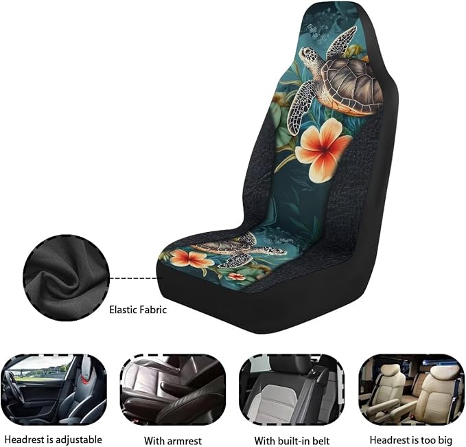 Hawaii Turtle Car Front Seat Cover Set Floral Automotive Car Interior Covers Full Wrapping Edge Seat Cover for Full Back and Seat Universal Fits Most Vehicles,Trucks,SUVs,Vans,Set of 2