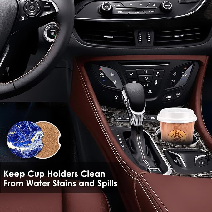 Britimes Car Coasters for Drinks Absorbent, 2 Pack Cup Holders, 2.56" Ceramic Stone & Non-Scratch Cork Base Coasters Cupholder, Auto Accessories for Women & Men, Blue Marble Gold Natural Luxury