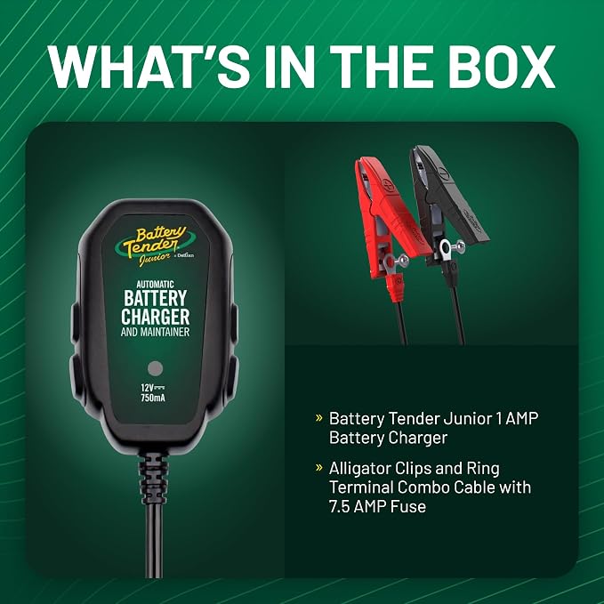 Battery Tender Junior 12V, 800mA Battery Charger and Maintainer for Lead Acid and Lithium Batteries - Switchable Battery Charger for Powersports - 022-0199-DL-WH