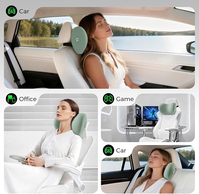 BEBAS Memory Foam Car Headrest Pillow - Breathable Neck Support Pillow for Driving, Universal Fit Cars/SUVs/Tesla/Toyota & Office Chair, Removable Cover (Green, 4-Season)