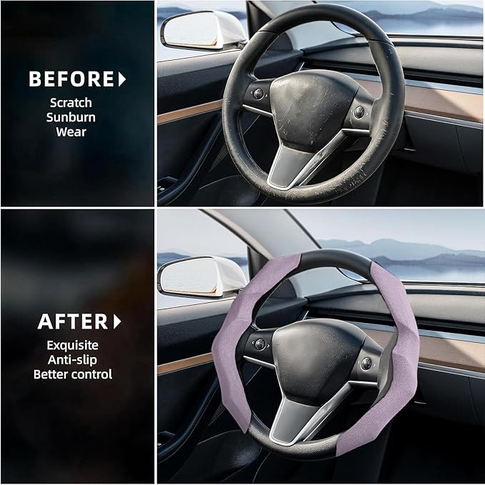 Suede Steering Wheel Cover 2PCS Segmented Clip-on Protector (Suede Pink) | Universal Fit, Anti-Slip Lining, Sporty Style, Car Interior Accessory for Men and Women