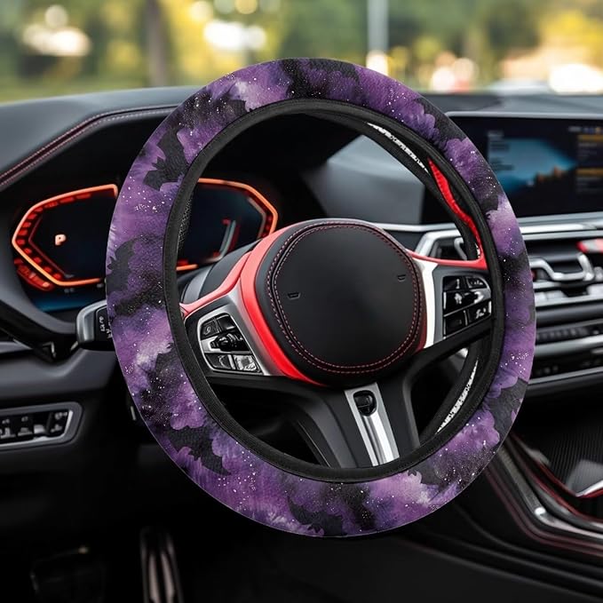 Wanyint Car Steering Wheel Cover Soft Stretch Auto Steering Wrap Protector for Women Men, Universal Halloween Auto Accessories Fit Most Vehicles, Bat Purple Tie-dye