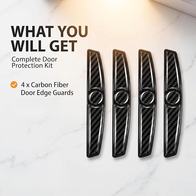4 PCS Carbon Fiber Car Door Protector Edge Guards, PVC Thicker Scratch-resistant Guard, Waterproof Sunscreen Decorative Trim for Front Rear Doors, Self-adhesive Accessories for Cars (Black)