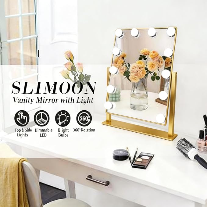 Makeup Vanity Mirror with LED Lights Makeup Mirror Detachable 10X Magnification, Hollywood Make Up Mirror with Lighting, Smart Touch, Rechargeable,360° Rotation, Gold 17.12"x13.77"