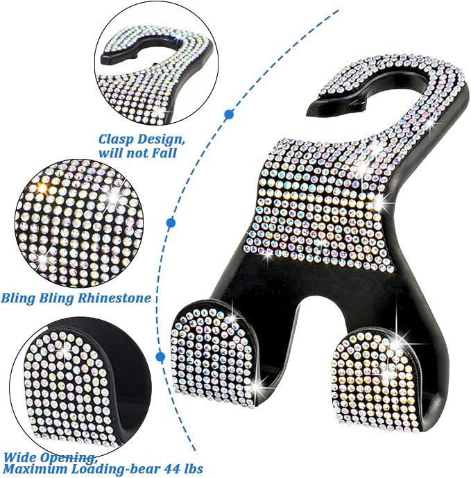 Bling Car Purse Hooks 2Pcs, Rhinestones Car Headrest Hook Backseat | Double Hooks,Holds 44Lbs,Wide Opening,Durable Nylon,Car Seat Hook,Purse Holder,Bling Car Accessories for Women,AB