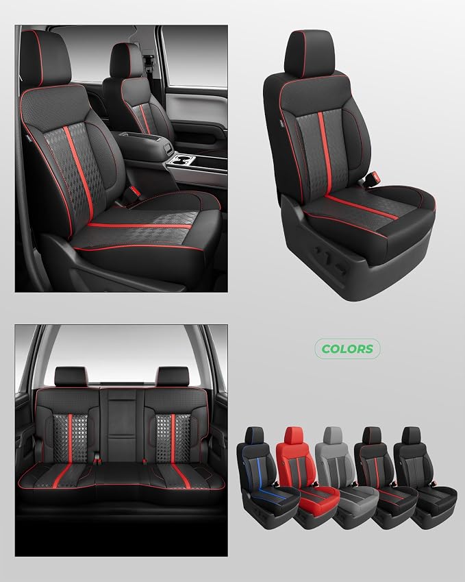 for Chevy Silverado & GMC Sierra Leather Seat Covers Crew Cab 1500 2014-2018, 2500HD 3500HD 2015-2019, Custom Seat Cover Full Set, Pickup Protectors Accessories, Black Red(W/O Rear Cupholder)