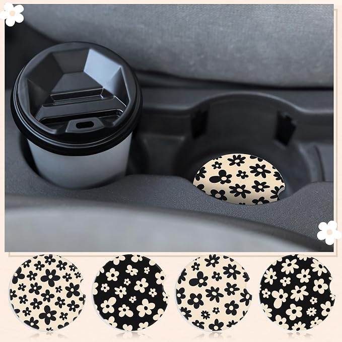 Boao 4 Pcs White Flower Car Cupholder Coasters for Valentine's Day, Ceramic Coasters 2.56'' Anti Slip Base with Finger Notch for Dry Clean, Car Interior Accessories, Birthday Gifts