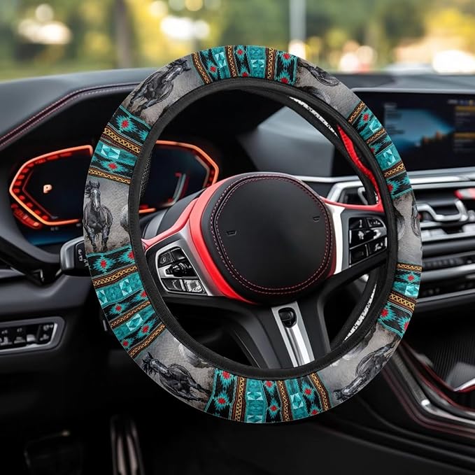 Wanyint Aztec Horse Teal Gray Car Steering Wheel Cover Universal 15 Inch Anti-Slip Neoprene Auto Steering Wheel Protector Car Accessories Decor for Women Men