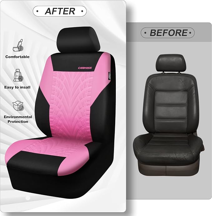 CAR PASS Car Seat Covers Two Front Only for Car, 3D Tyre Print Automotive Interior Covers, Airbag Compatible, Quick Setup Universal Fit Seat Covers for Car, Truck, SUV(Black and Pink)