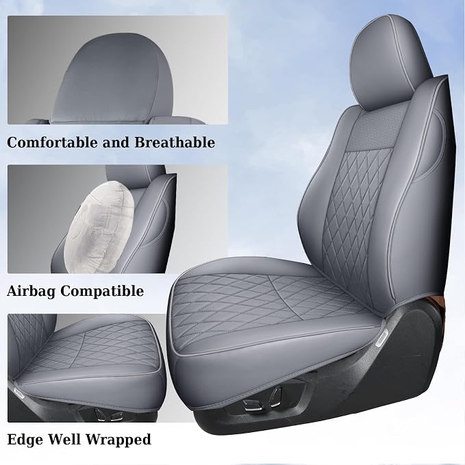 Coverado Tacoma Seat Covers, Car Seat Covers Front Seats, Leather Seat Covers for Cars Car Seat Protector Cushion Tacoma Accessories Custom Fit 2005-2023 Toyota Tacoma Double/Crew Cab(Gray)