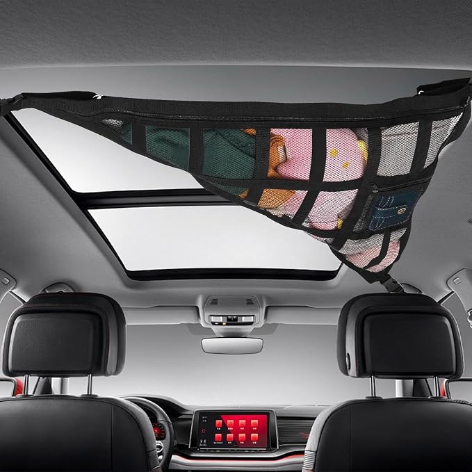 Large Black Car Ceiling Cargo Net with Three Handles Mesh Truck Pocket, Double-Layer Roof Rack Cargo Net for Road Trip Organizers Camping Storage Car Living Essentials