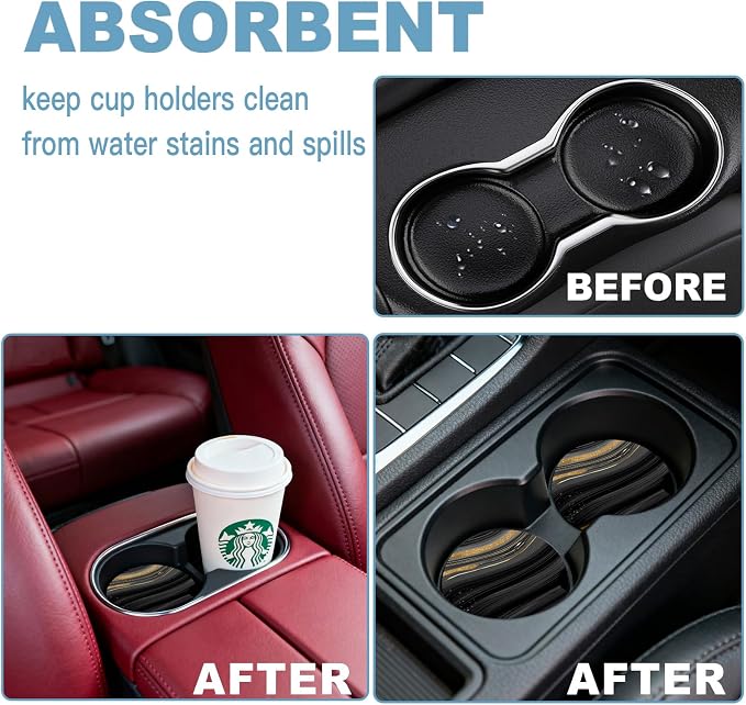 Car Cup Holder Coaster Set of 2, 2.56 in Ceramic Coasters, Scratch-Resistant Cork Backing, Finger Groove Design for Easy Placement, Cute Car Accessories Interior for Women (Black Marble)