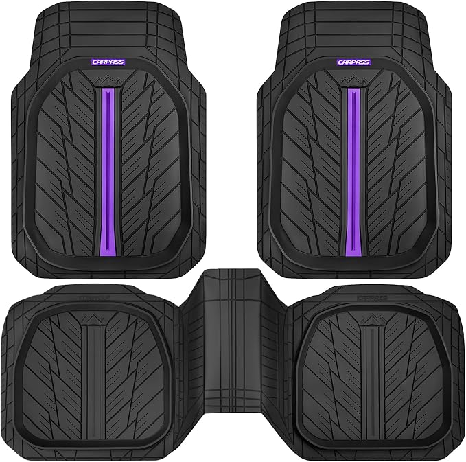 CAR PASS Tire Tread DeepDish Rubber Floor Mats for car Heavy Duty car mats All Weather, Universal XL~M Trim to Fit for Truck SUV Vehicle Automotive, Waterproof car mats 3 Piece (Purple Black)