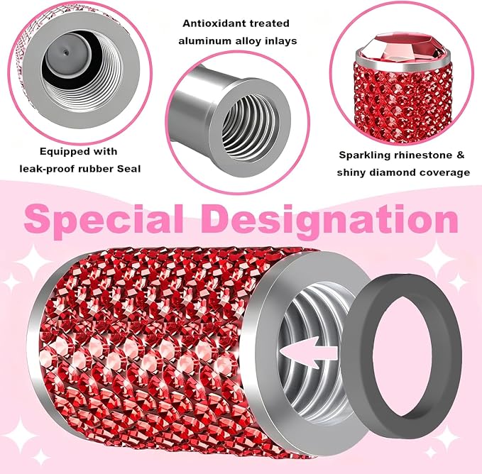 4Pcs Car Tire Valve Stem Caps, Bling Tire Air Cap for Car, Universal Stem Covers, Anodized Aluminum Tires Valve Cap with O Rubber Ring, Crystal Diamond Car Accessories for Women