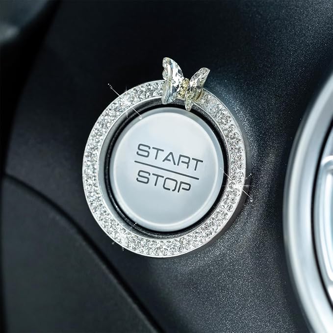 2PCS Bling Car Engine Start Stop Decoration Ring, Crystal Rhinestone Auto Push Start Button Ignition Ring Sticker, Vehicle Decor Accessories for Women Girls, Universal for Vehicles (White)