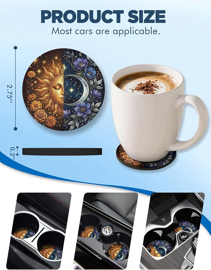 WOCOCN Car Coasters for Cup Holders - 2 Pack 2.75" Universal Rubber Car Cup Coaster, Non-Slip Waterproof Car Interior Accessories, Cute Car Decor Gifts for Women and Men (Sun & Moon)