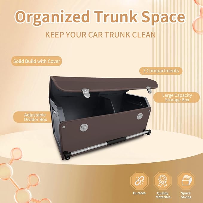 Trunk Organizer for Car with Lid Leather Trunk Organizer Car Organizer | SUV Trunk Organizer with Push-pull Handle Car Trunk Storage Organizer for Minivan, Truck, Sedan (Brown, 27.1 x 11.4 x 12.2in)