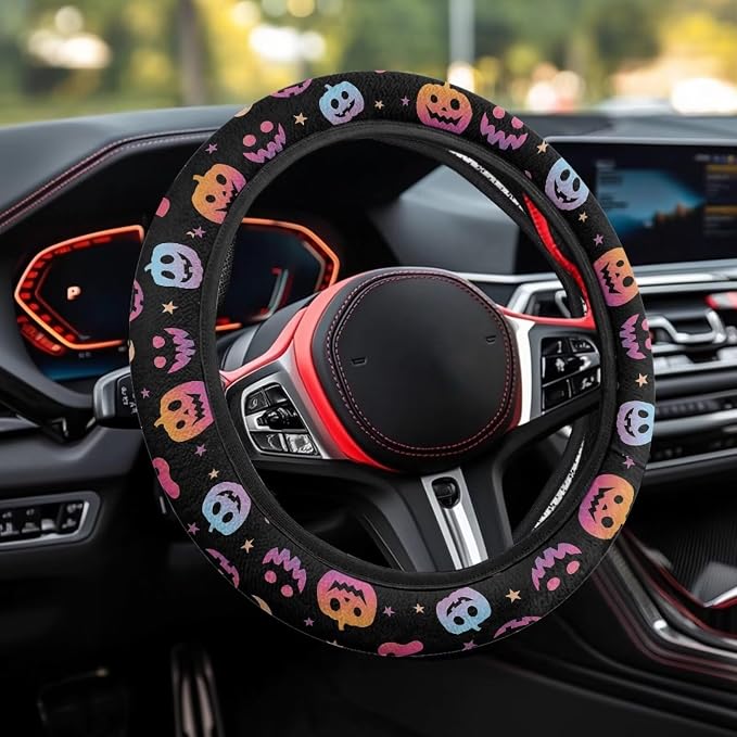 Wanyint Auto Steering Wheel Cover Unviersal 15 Inch Steering Wheel Wrap Cover Halloween Car Interior Accessories Decor for All Seasons, Pumpkin Gradient