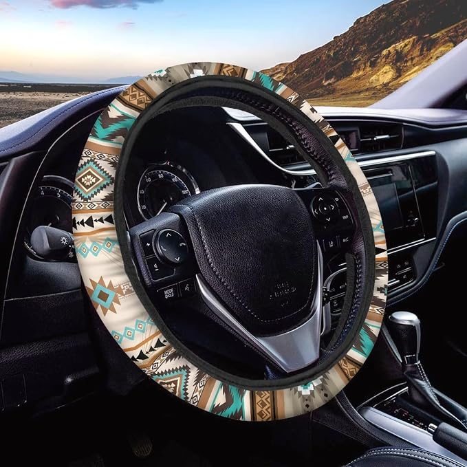 Wanyint Southwest Aztec Beige Blue Car Steering Wheel Cover Universal 15 Inch Auto Accessories Car Interior Decoration for Women Men Fit SUV Sedans Vans Trucks
