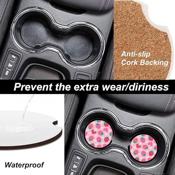 Absorbent Car Cupholder Coaster 2 Pack, Cute Car Coasters with a Finger Notch for Women & Men,2.56" Ceramic Stone & Non-Scratch Cork Base Drink Coasters (Cute Strawberries)