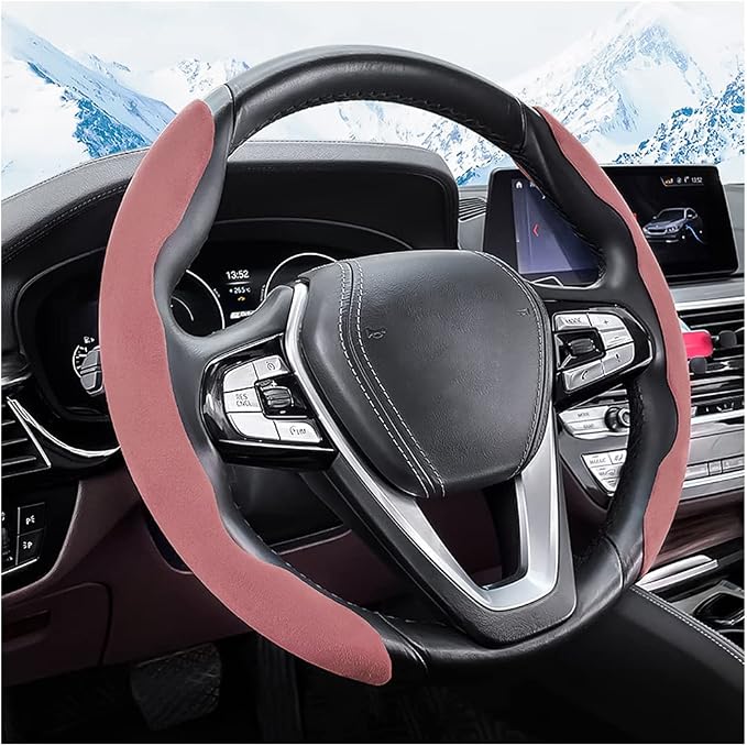 Car Steering Wheel Cover, Microfiber Suede Leather and Carbon Fiber Double Sided Design, Warm in Winter and Cool in Summer, Breathable Non Slip Segmented Protector for Most Cars (Turn Fur/Pink)