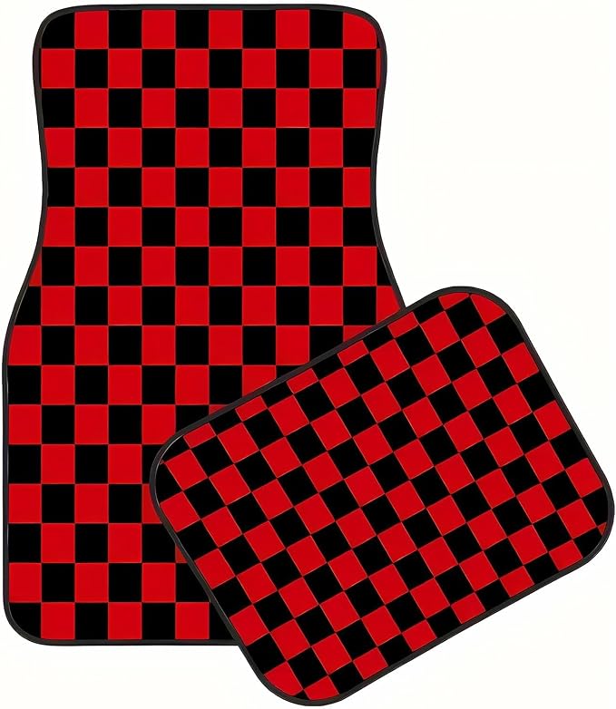 Universal Fit Car Floor Mats Set of 4Pcs, All-Weather Front Rear Car Carpet Mats, Non-Slip Car Floor Mat Car Accessories for Automotive Trucks SUV Sedans Vans (Black and Red Checkered)